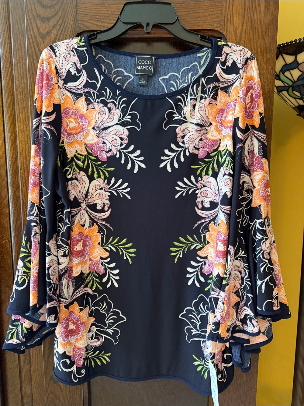 Coco Bianco Navy White Lime & Pink Floral Bell-Sleeve Tunic Top
